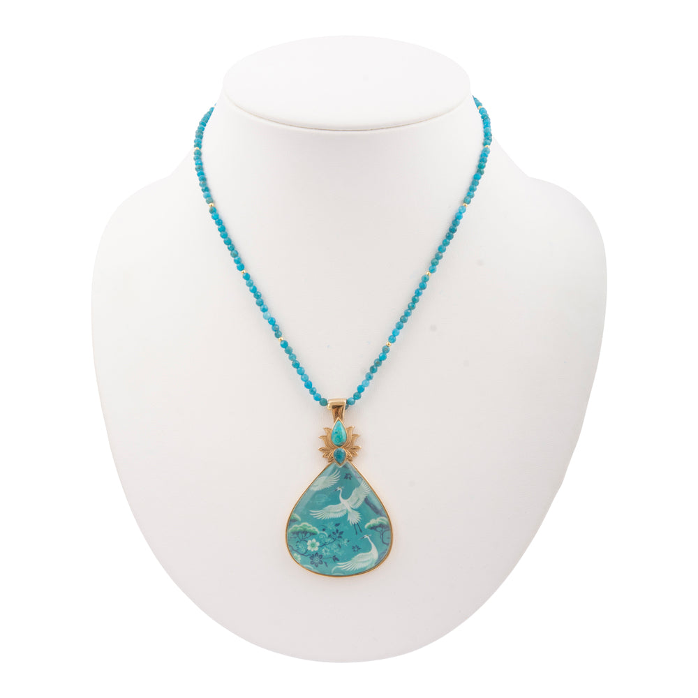 Heron Flight Blue Teal Apatite Golden Pendant Necklace
