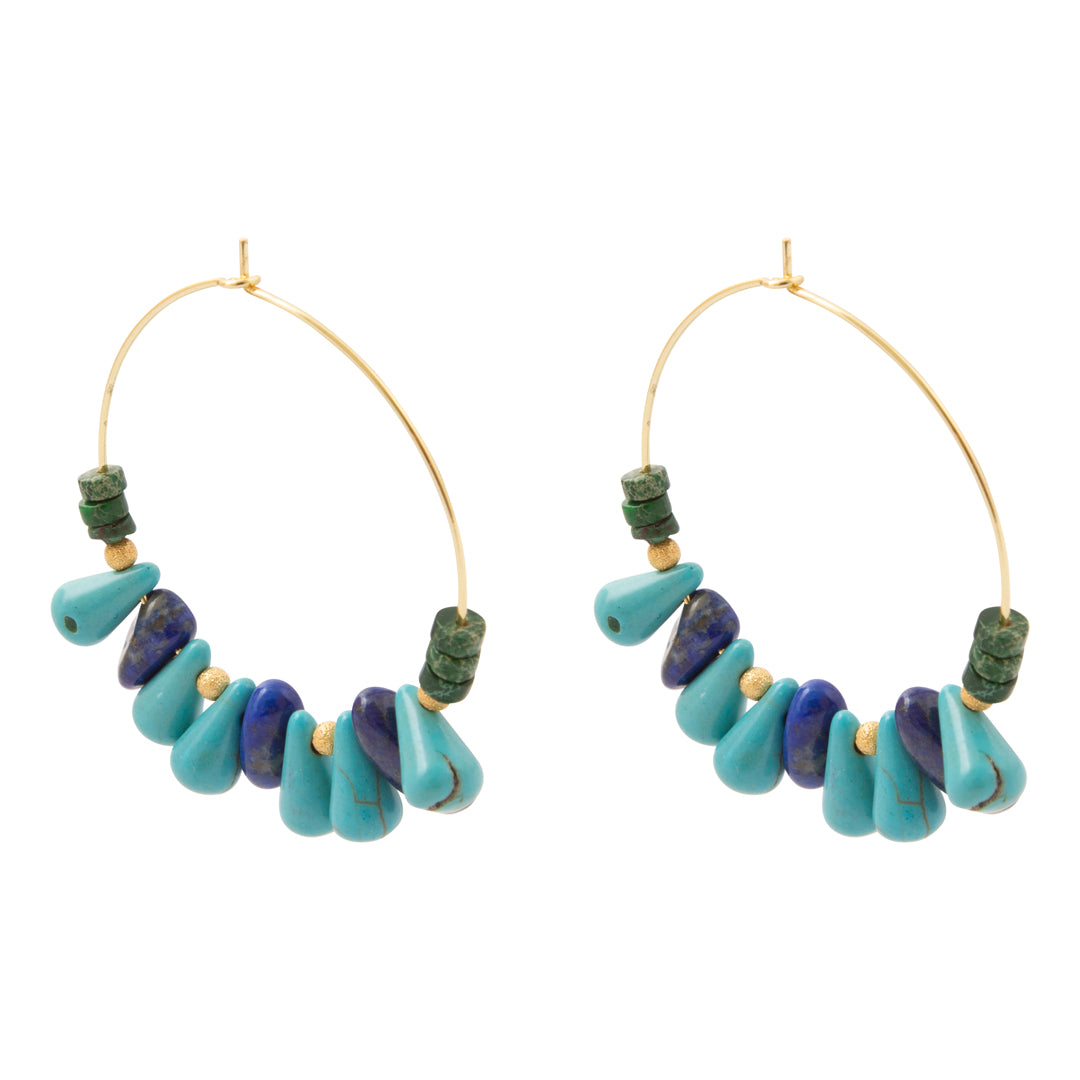 Azure Blue Lapis and Turquoise Green Malachite Golden Hoop Earrings - side view