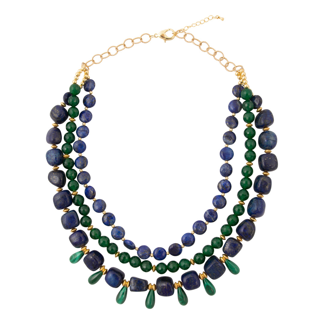 Barse Midnight Garden lapis lazuli and green agate layered statement necklace, flat alternate view on white.