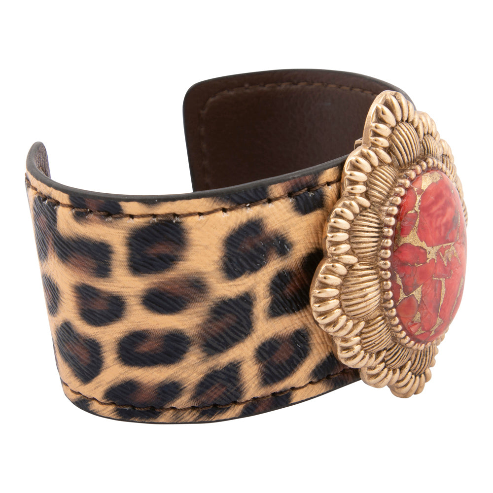 Scarlet Red Magnesite Cheetah Golden Cuff Bracelet