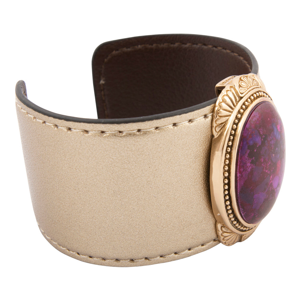 Purple Turquoise Golden Leather Cuff Bracelet
