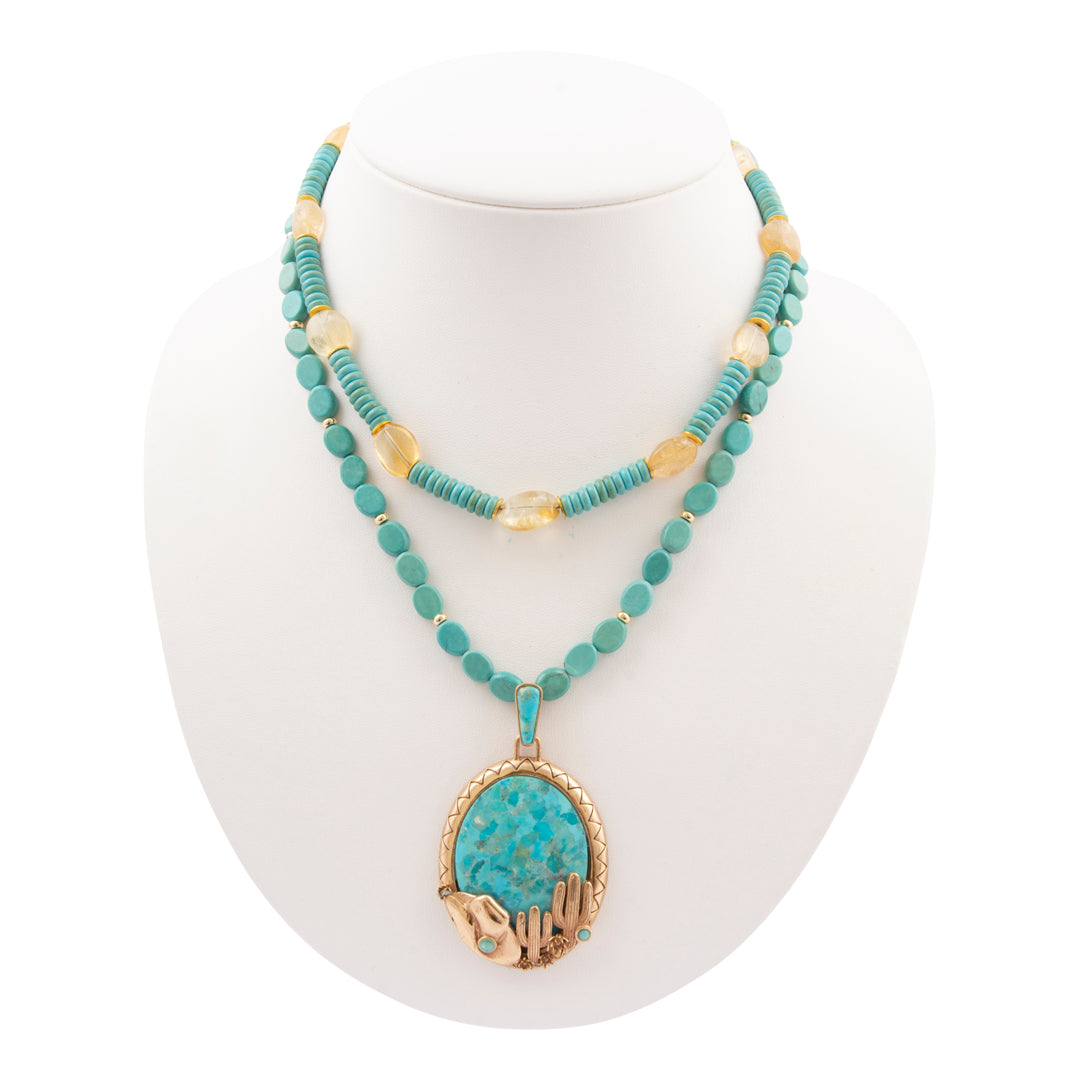 Saguaro Cactus Blue Turquoise Golden Statement Necklace