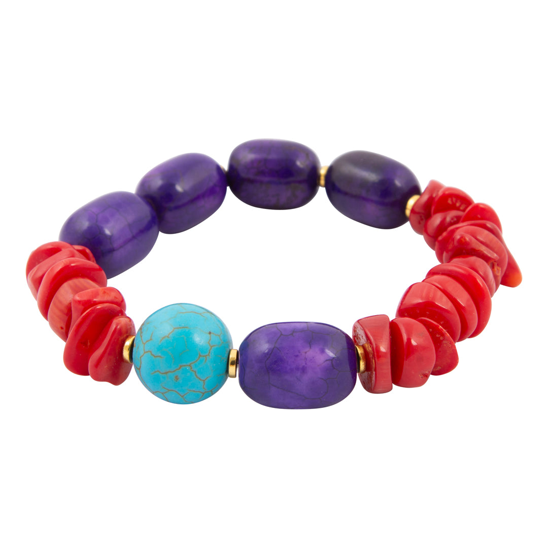 Bracelet with purple, red, and turquoise beads on a white background