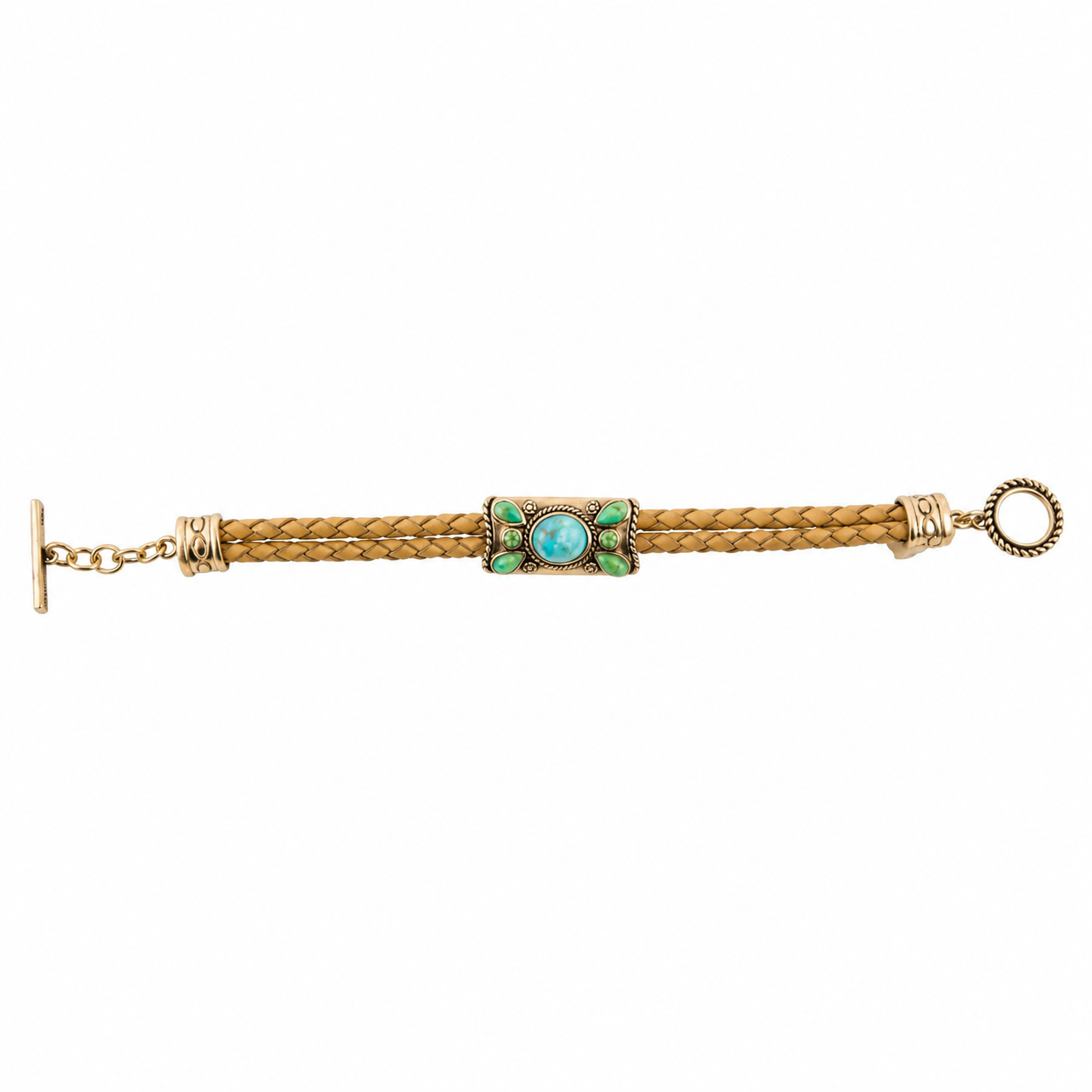 A gold-plated braided leather bracelet featuring a central decorative clasp with a round turquoise stone and green enamel details, shown on a plain white background.
