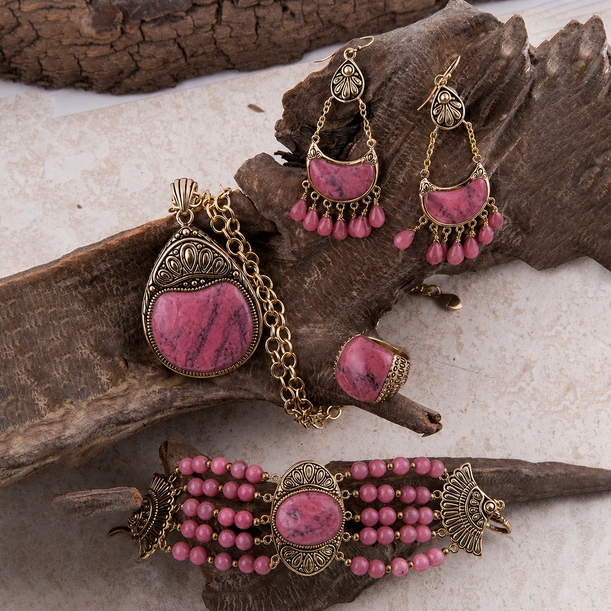 Flamenco Pink Rhodonite Golden Pendant Necklace