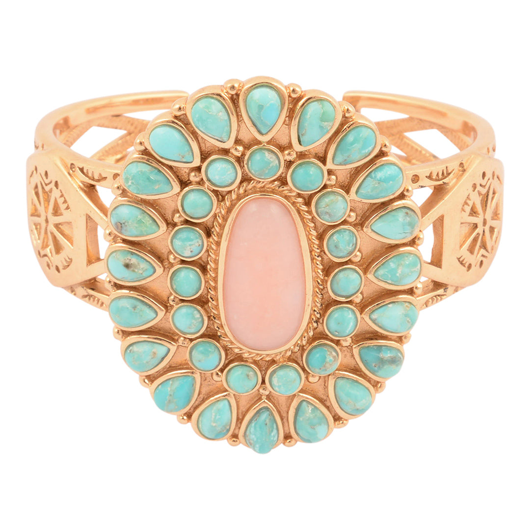 Rose gold bracelet with turquoise stones and a pink center stone on a white background