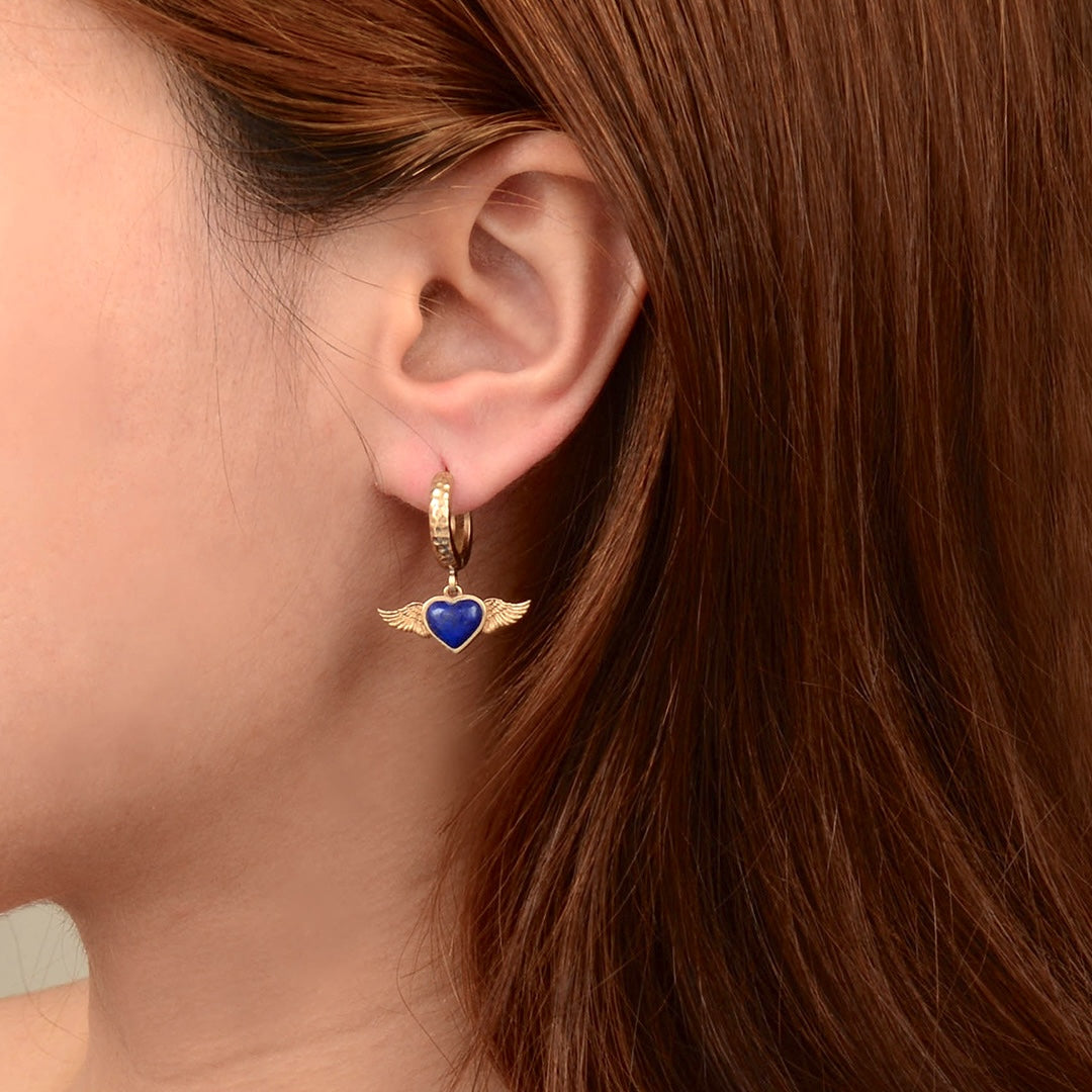 Flying Heart Blue Lapis Golden Charm Hoop Earrings