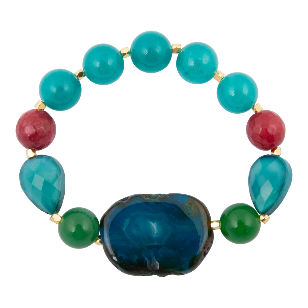 Jeweled Blue Agate Chunky Golden Stretch Bracelet