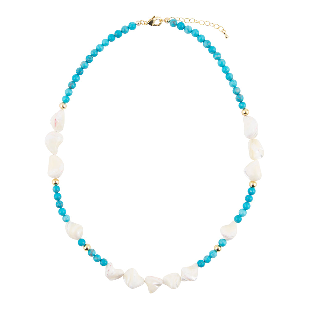 A beaded necklace featuring light blue faceted beads, irregular white shell-like accents, and small gold spacer beads, with a gold clasp and extender chain, shown on a plain white background.