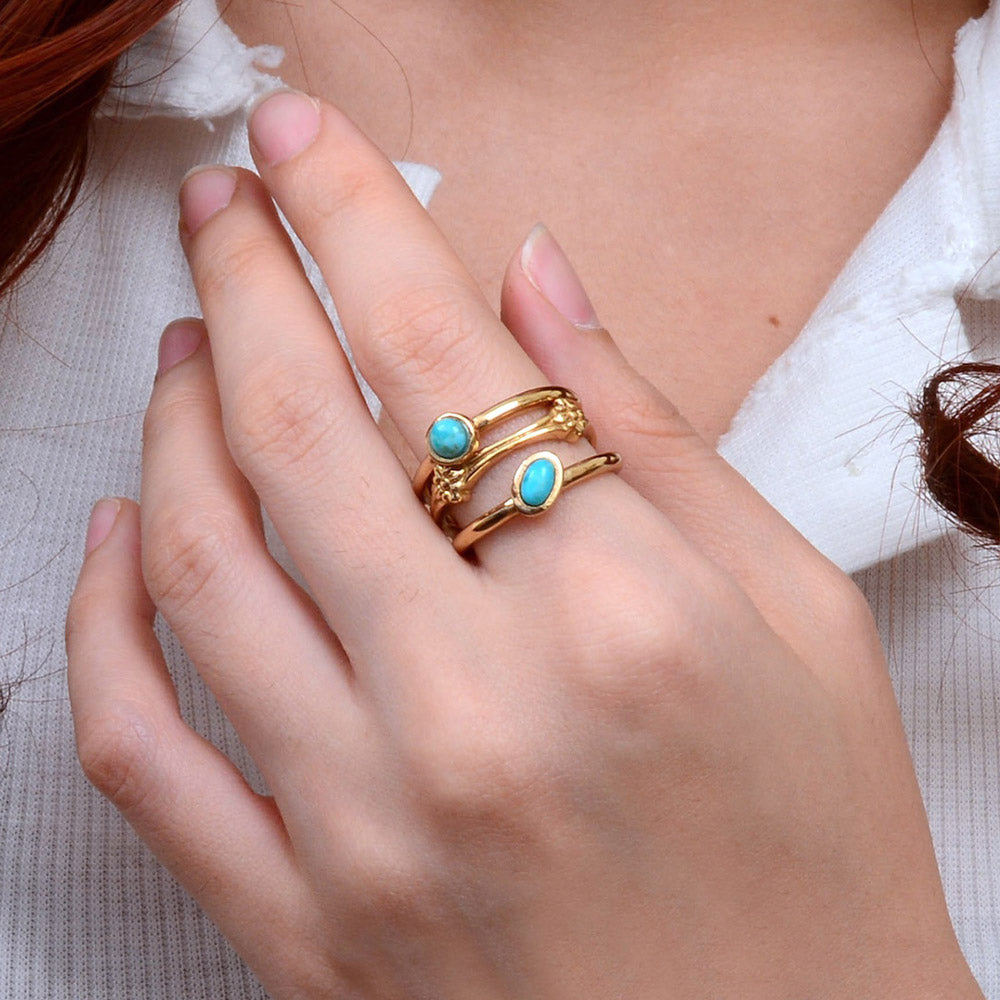 Floral Blue Turquoise Golden Stacking Ring Set