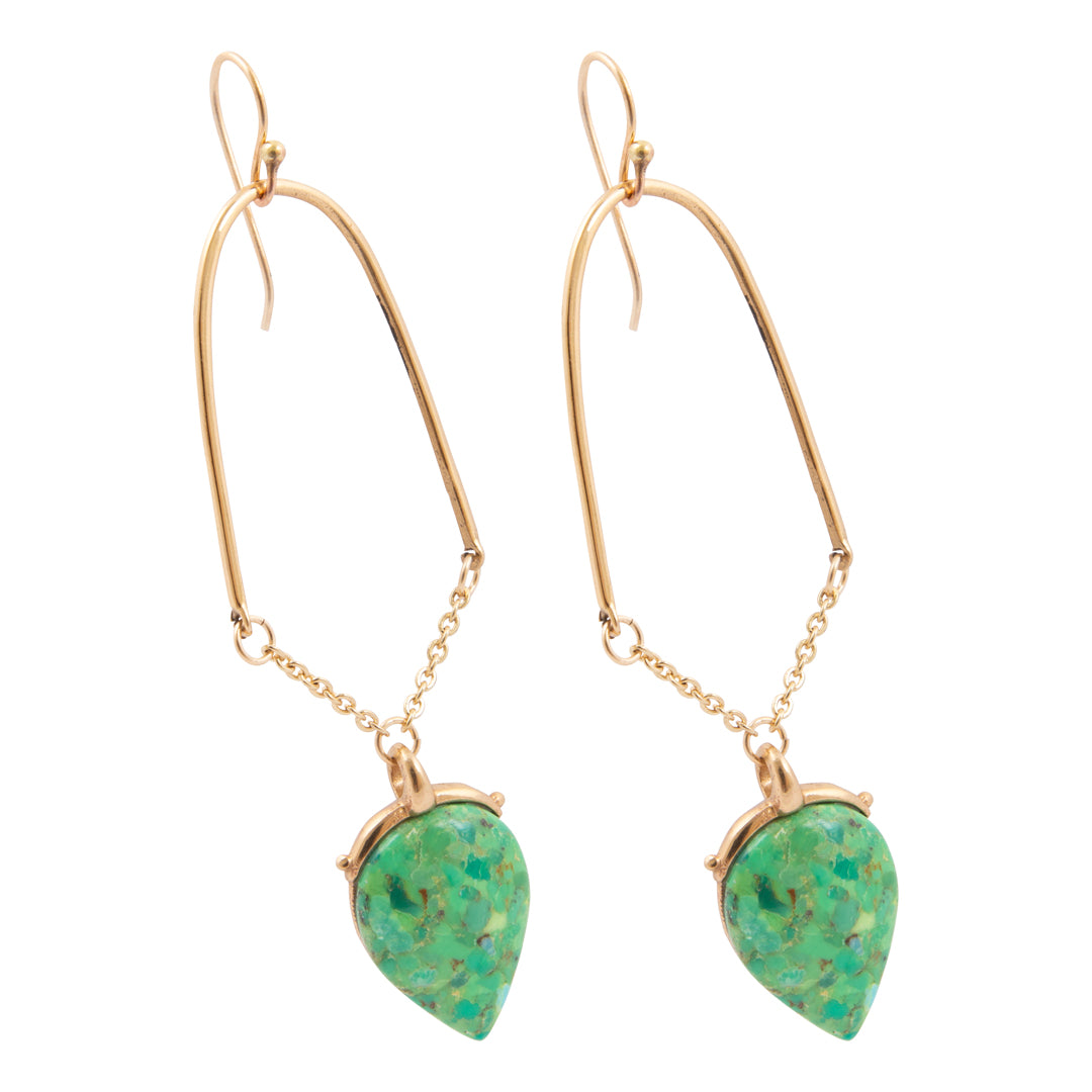 Gold earrings with green teardrop-shaped stones on a white background