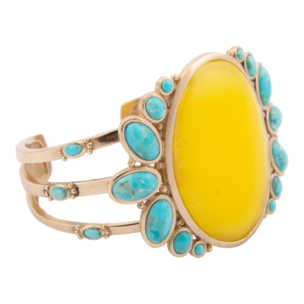Sunny Yellow Quartz and Blue Turquoise Golden Cuff Bracelet
