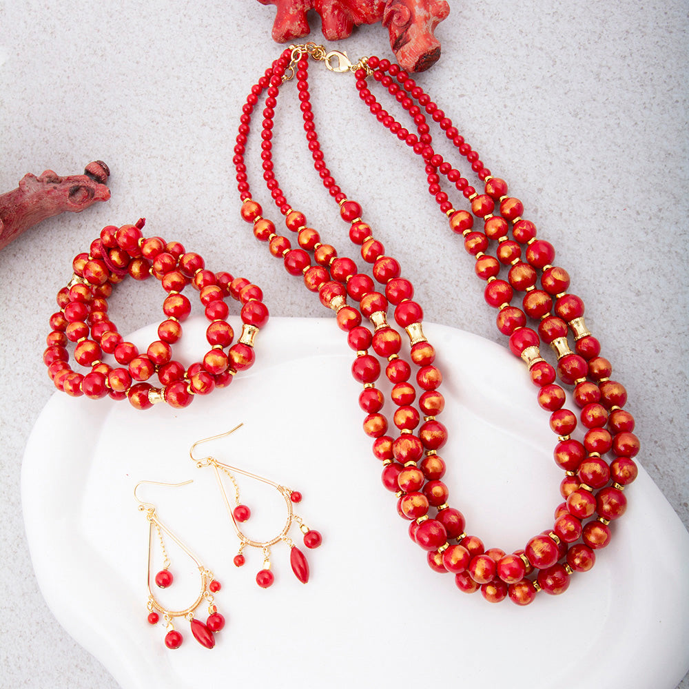 Red Jade Statement Triple Strand Necklace