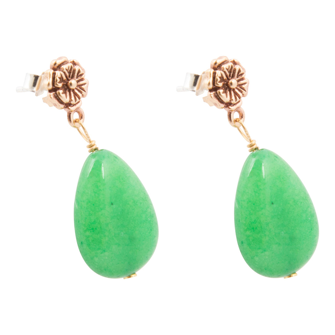 Green teardrop earrings with gold accents on a white background