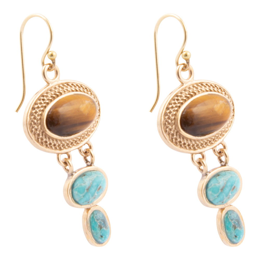 Brown Tiger's Eye and Blue Turquoise Ovation Golden Drop Earrings