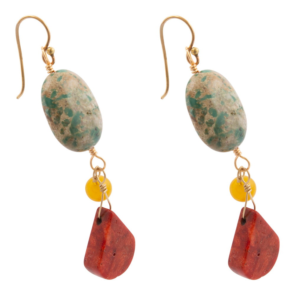 Red Coral and Magnesite Golden Drop Earrings