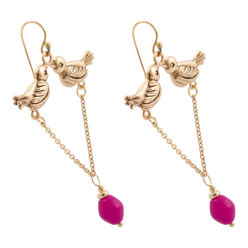 Kiss of Love Golden Bird Pink Quartz Drop Earrings