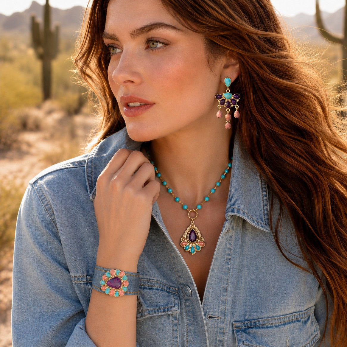 Painted Desert Blue and Purple Turquoise Golden Denim Cuff Bracelet