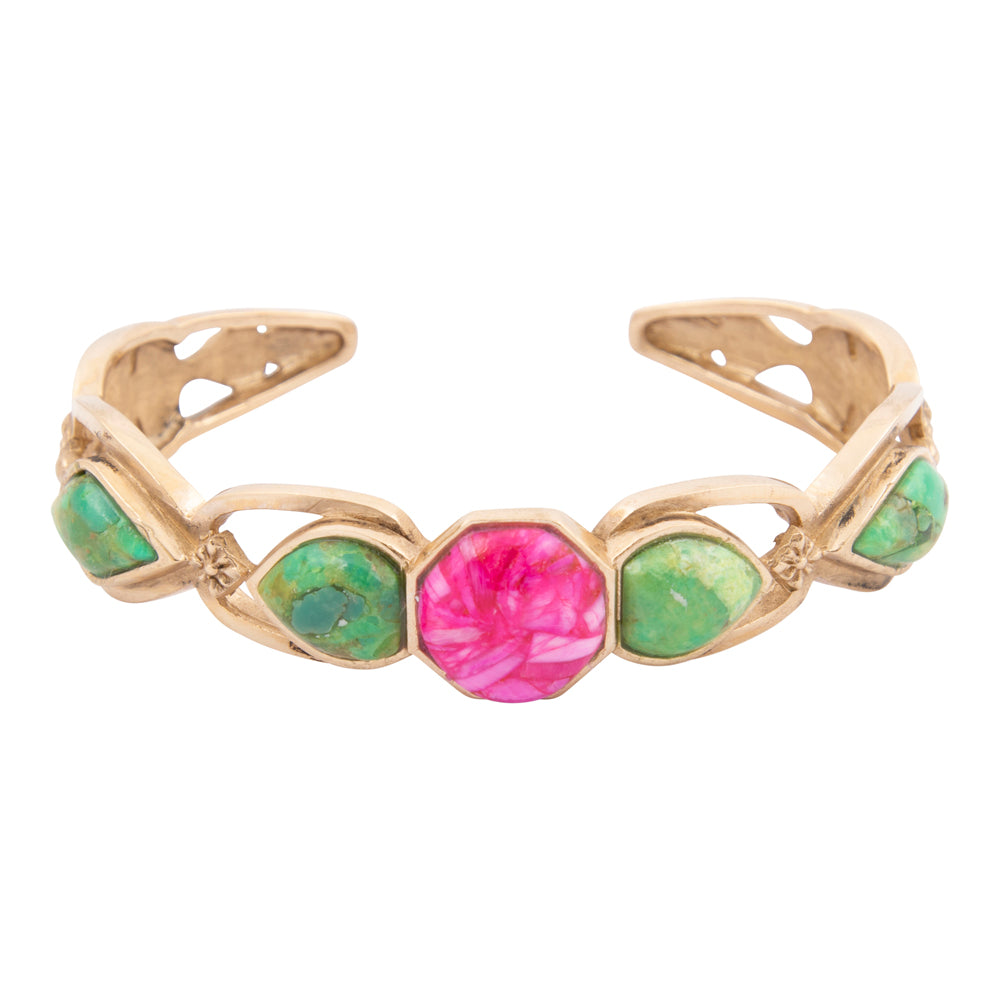 Fresh Fuchsia Pink and Lime Green Turquoise Golden Cuff Bracelet