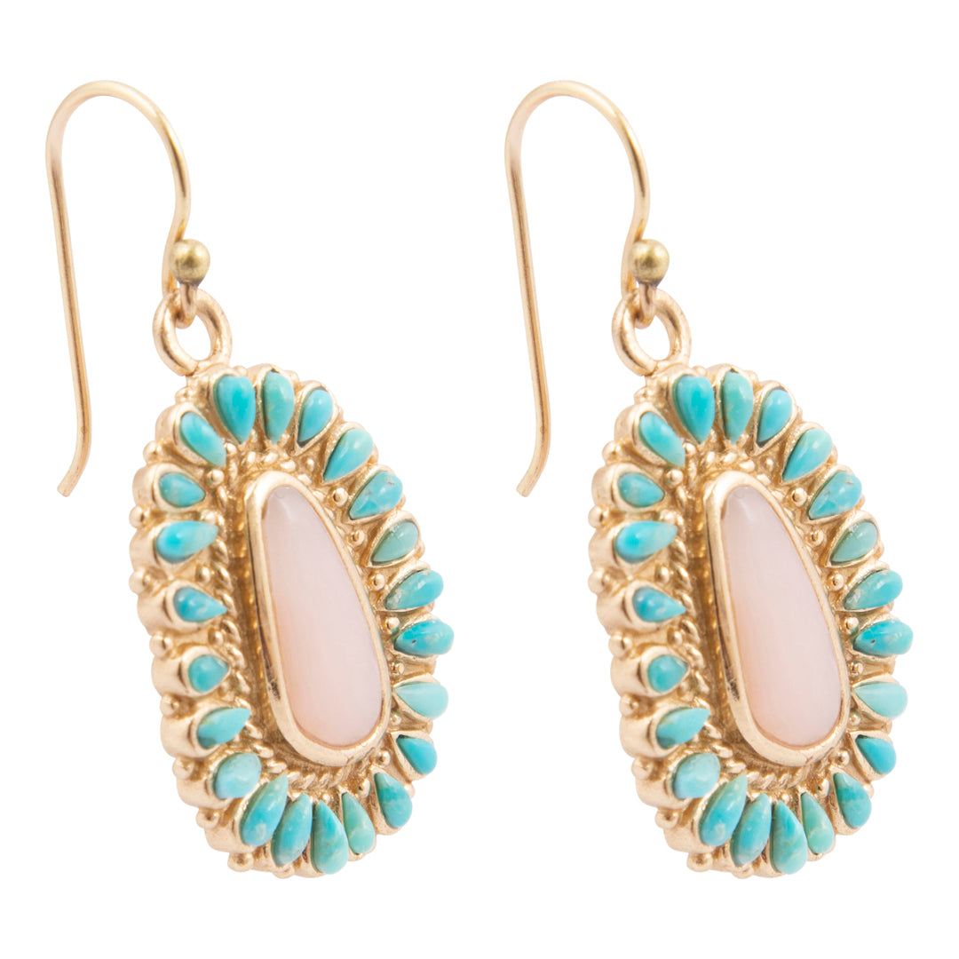 Cactus Rose Pink Opal and Blue Turquoise Golden Earrings