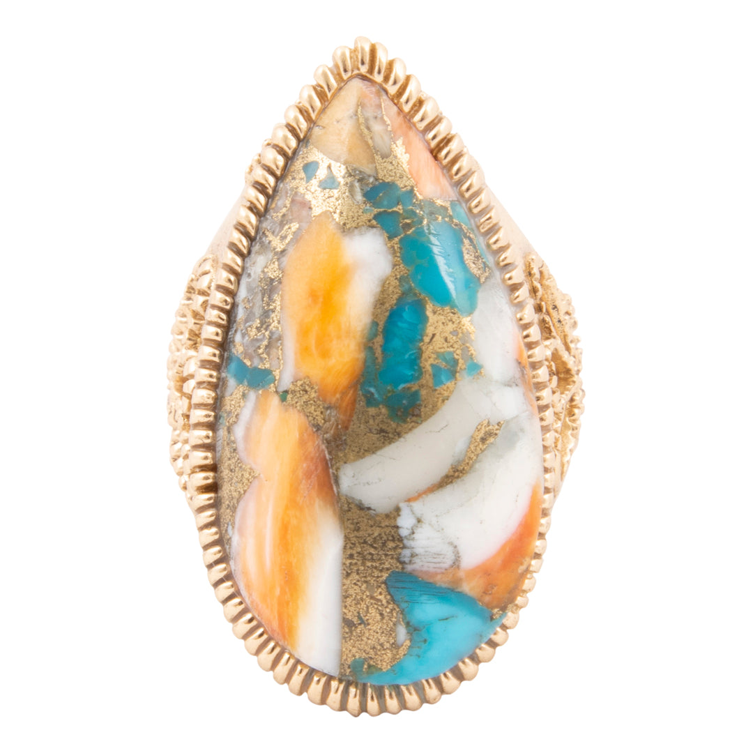 Roped Blue Turquoise Orange Shell Golden Statement Ring