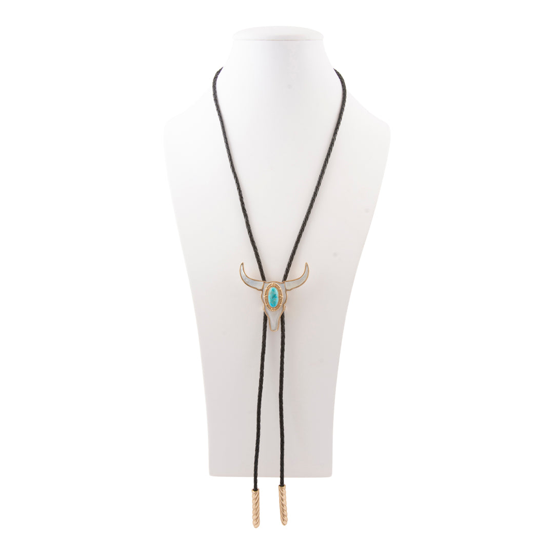 Longhorn Blue Turquoise and White Mother of Pearl Bolo Necklace