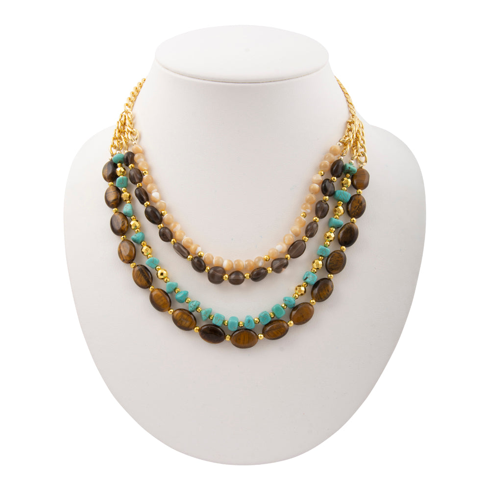 Brown Tiger's Eye and Turquoise Golden Statement Necklace
