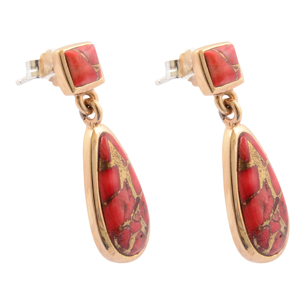 Scarlet Red Metal Infused Magnesite Post Golden Drop Earrings