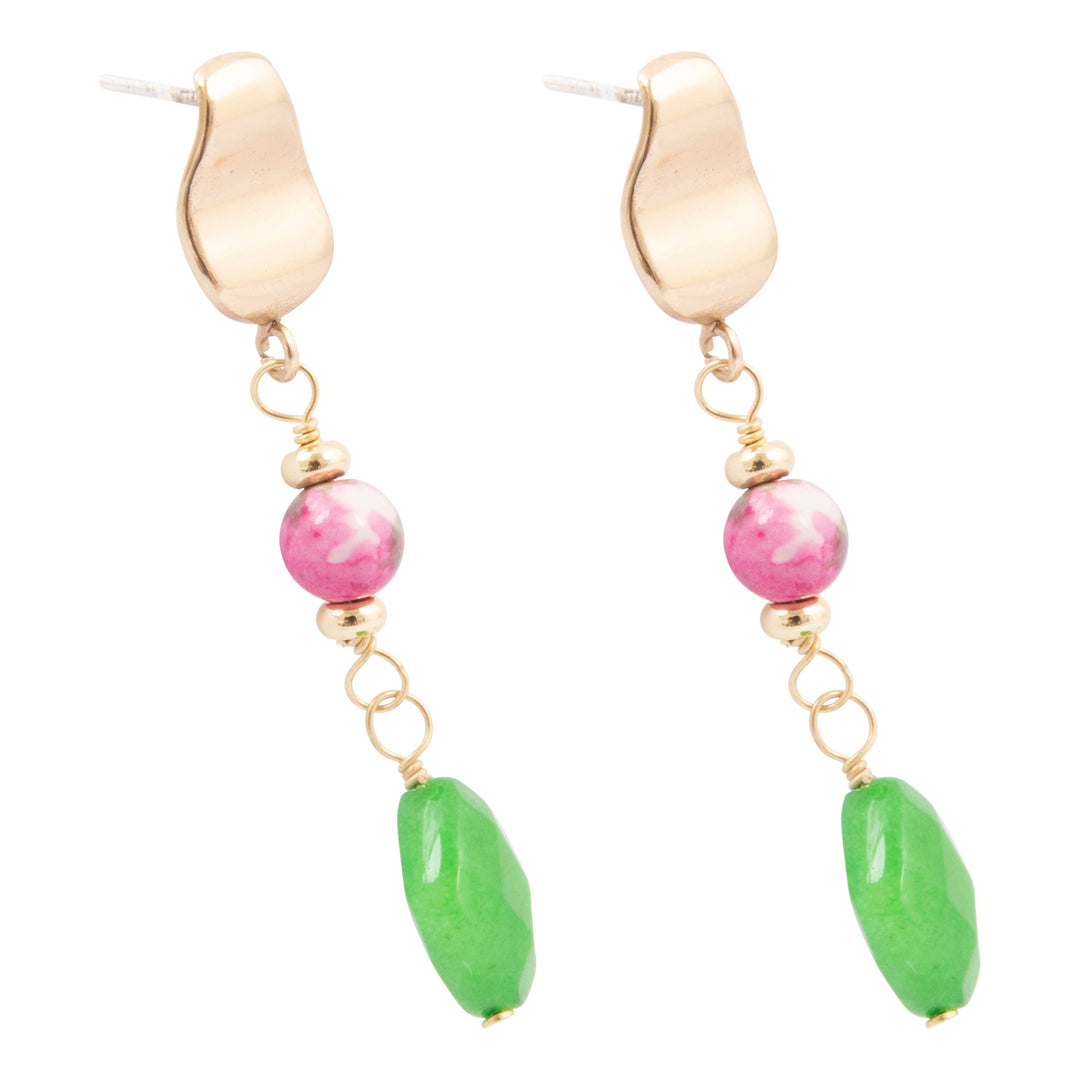 Gold earrings with pink and green beads on a white background