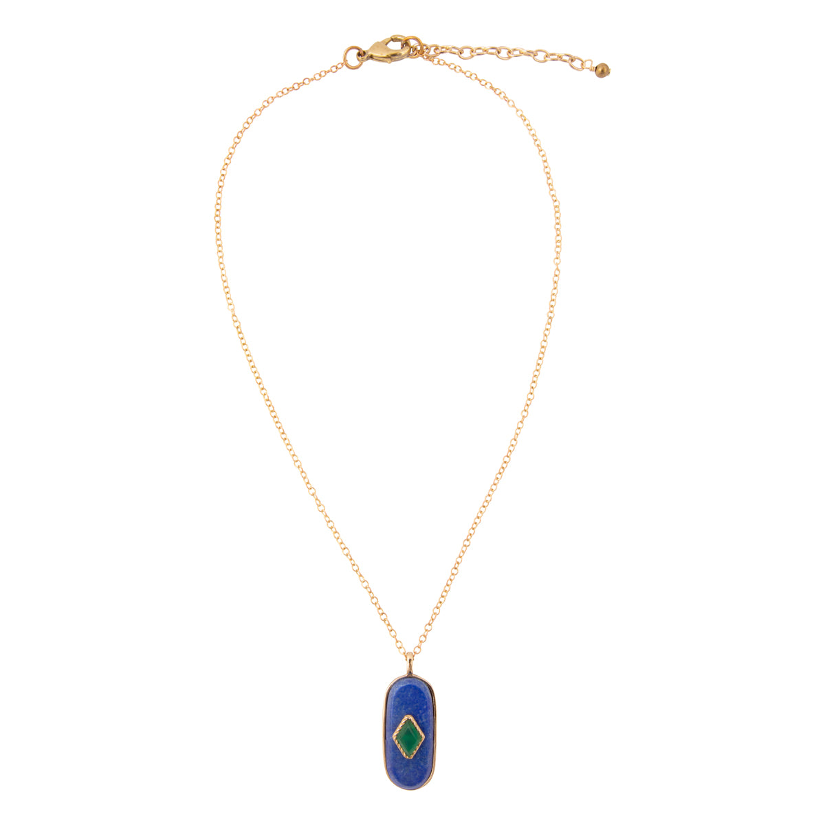Night Sky Blue Lapis and Green Onyx Golden Pendant Necklace