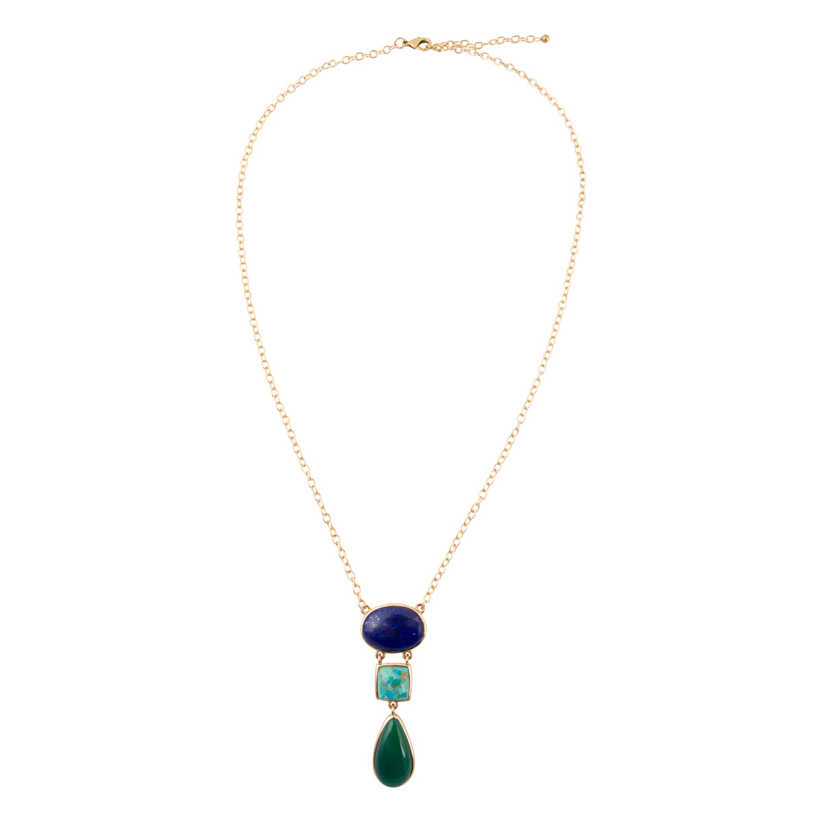 Azure Blue Lapis and Turquoise Green Agate Golden Pendant Necklace - front view