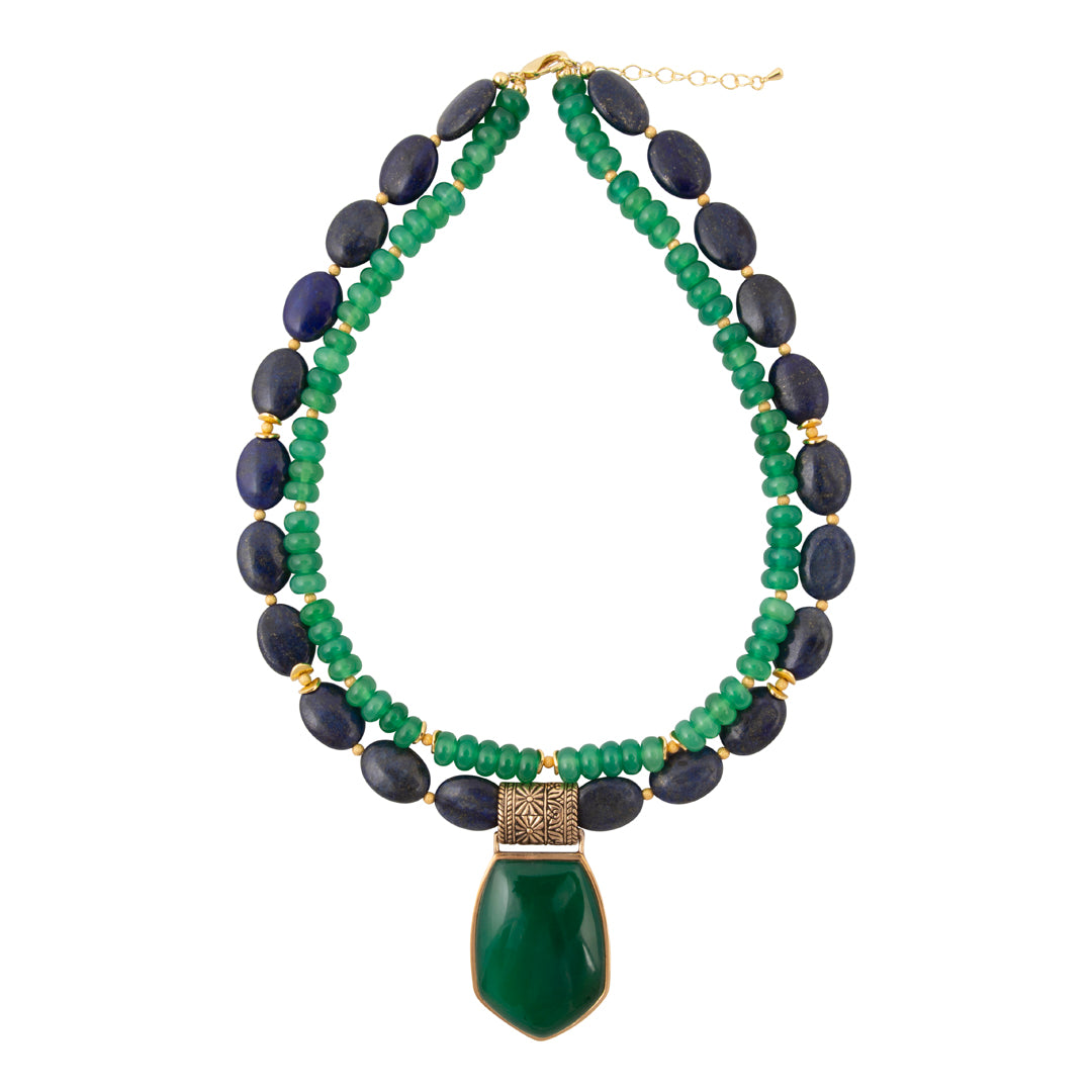 Midnight Garden Blue Lapis Green Agate Golden Pendant Statement Necklace