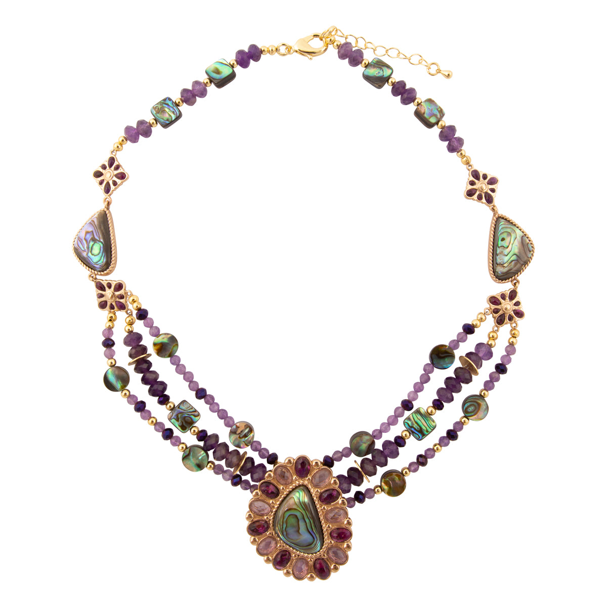 Purple Amethyst and Abalone Golden Pendant Necklace