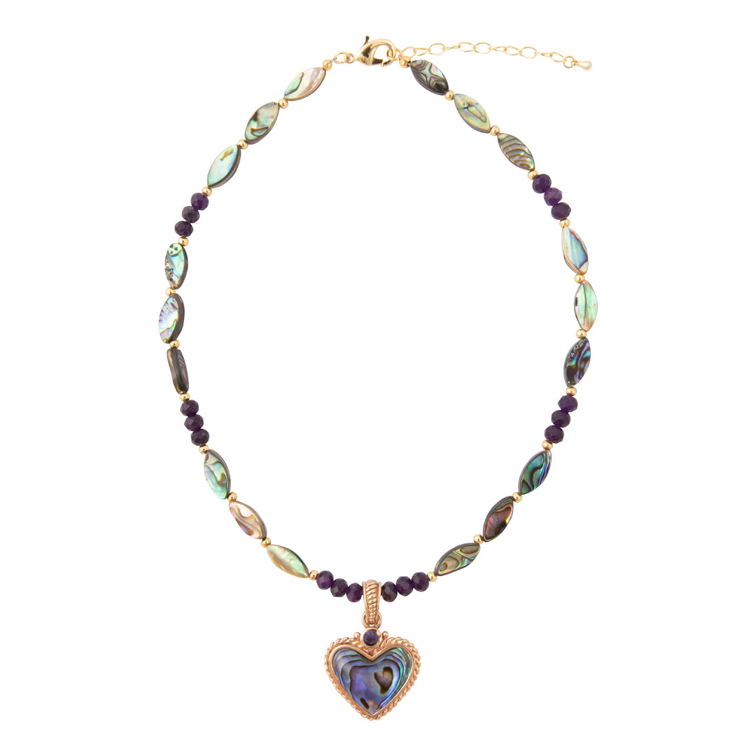 Purple and Green Abalone Golden Heart Pendant Necklace