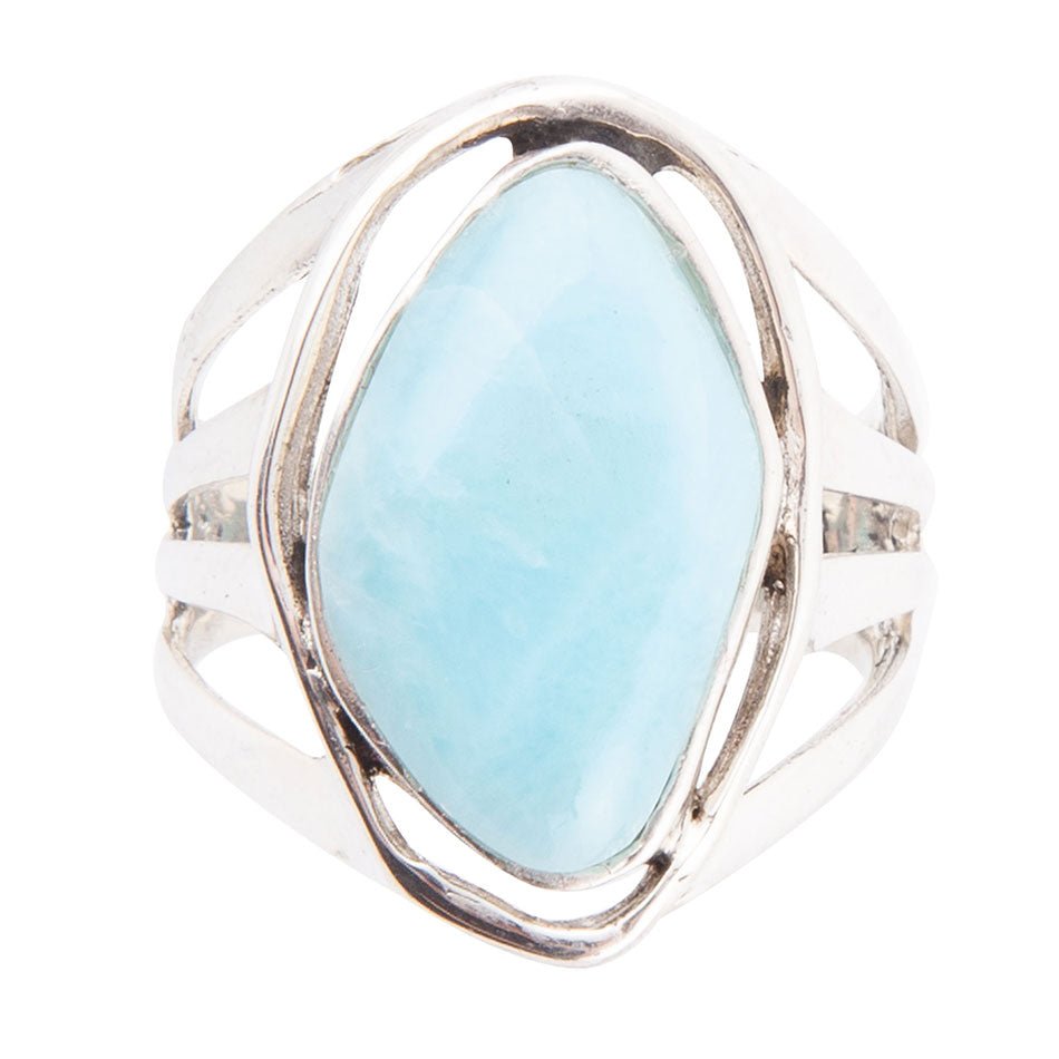 Ring with a light blue stone and silver band on a white background