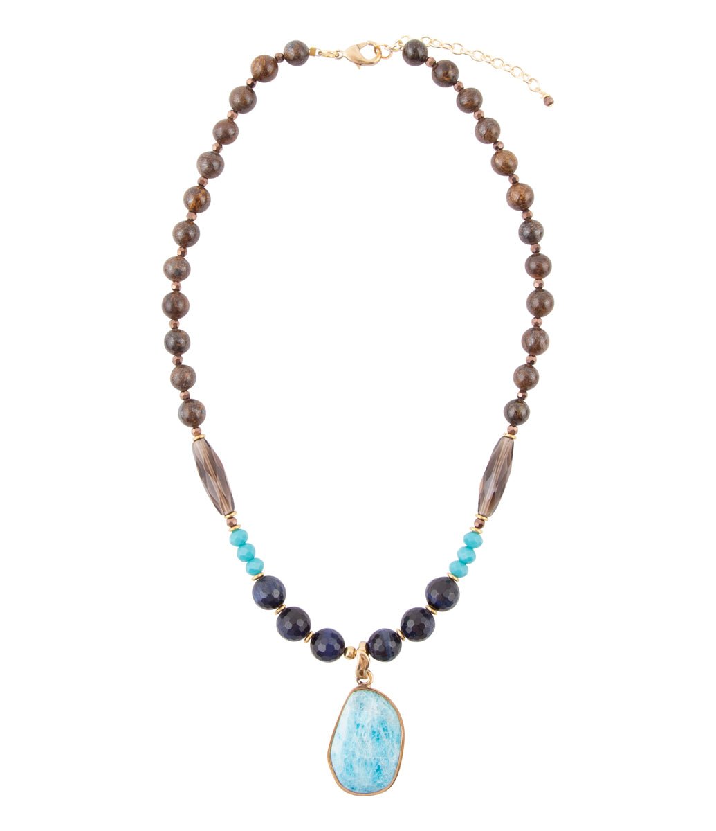 Argo Blue Apatite and Brown Tiger's Eye Golden Pendant Necklace - Barse Jewelry