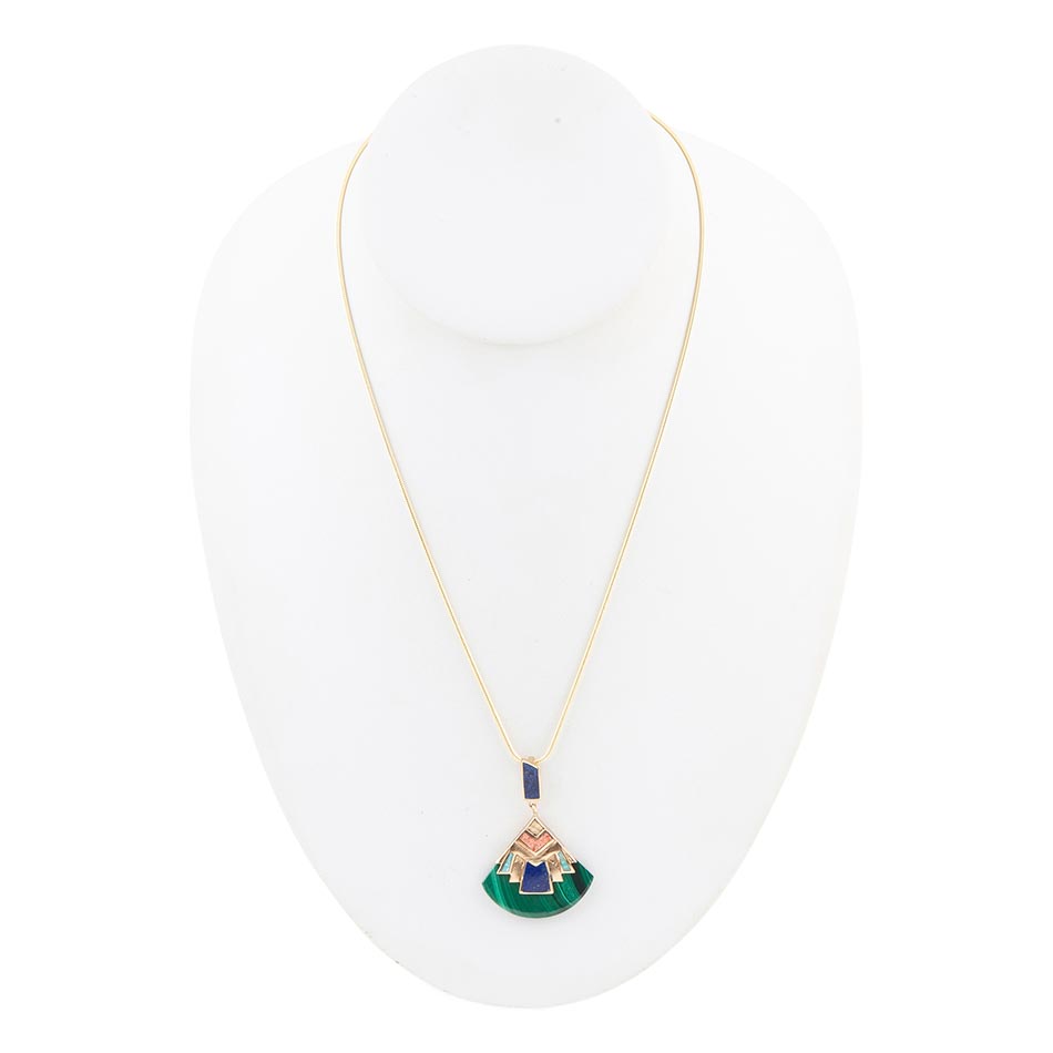 Art Deco Colorful Inlay Golden Pendant Necklace - Barse Jewelry