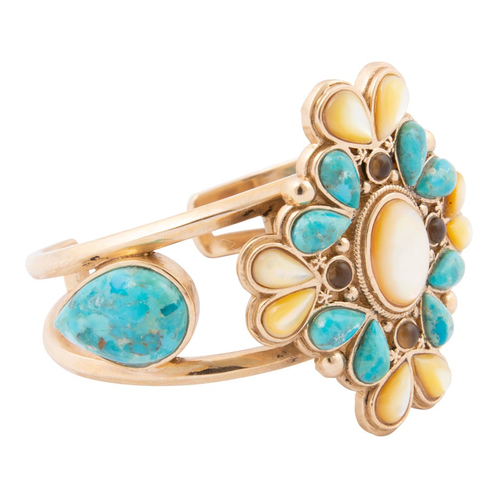 Barcelona Blue Turquoise and Caramel Mother of Pearl Golden Cuff Bracelet - Barse Jewelry