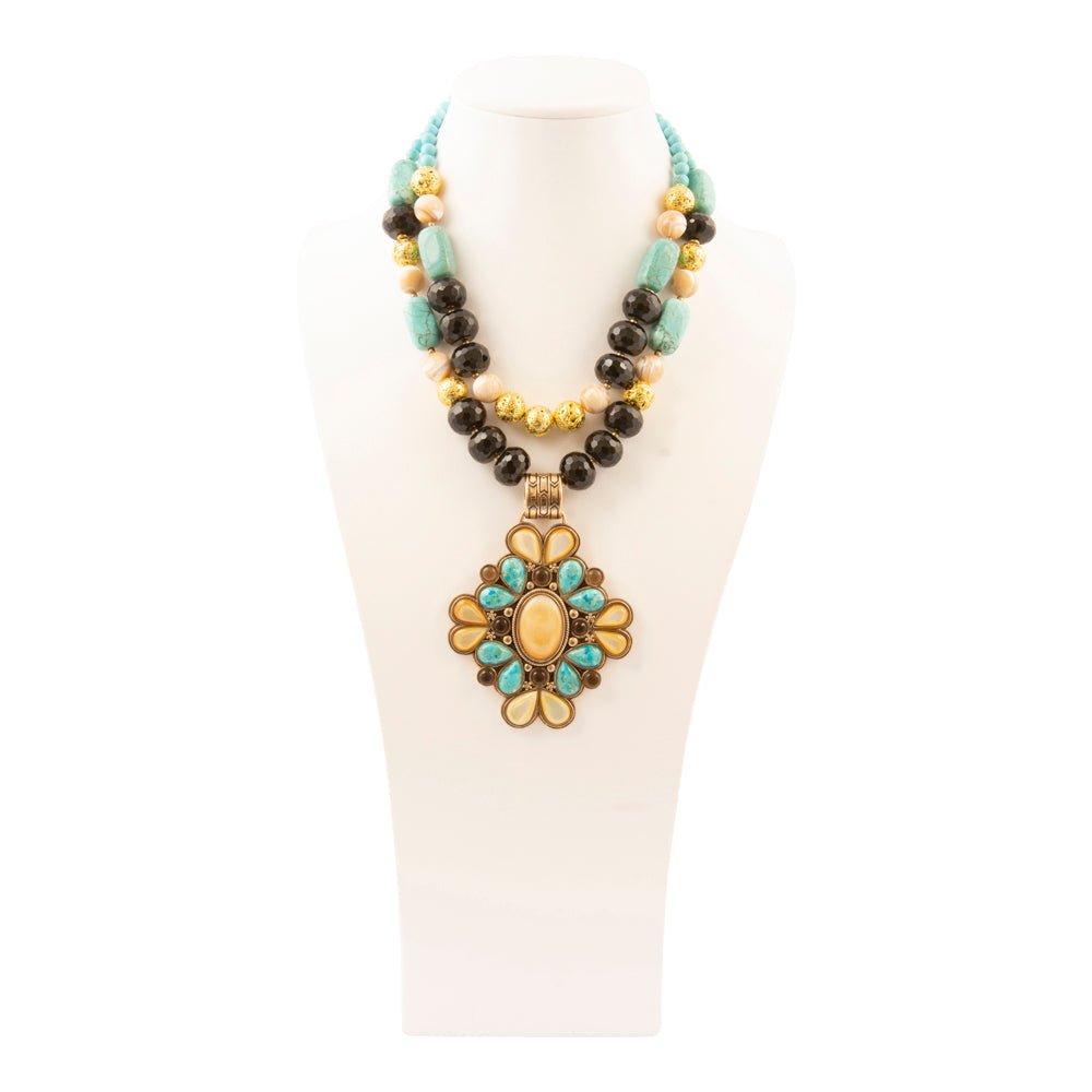 Barcelona Blue Turquoise and Caramel Mother of Pearl Golden Pendant Necklace - Barse Jewelry