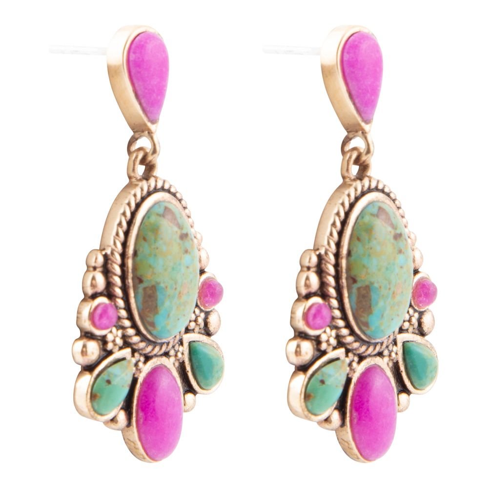 Barcelona Blue Turquoise and Pink Agate Golden Drop Earrings - Barse Jewelry