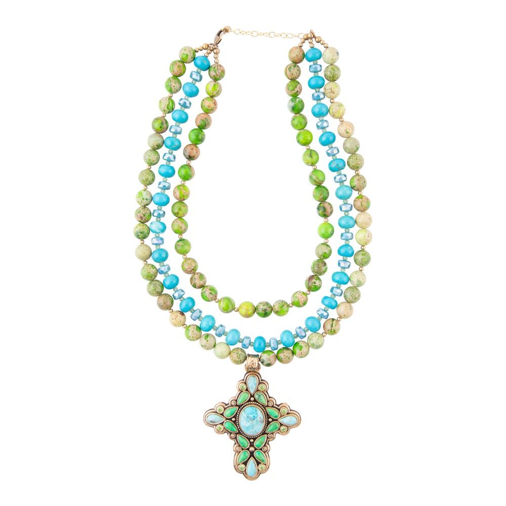 Blue and Green Tourquoise Golden Cross Pendant Necklace - Barse Jewelry