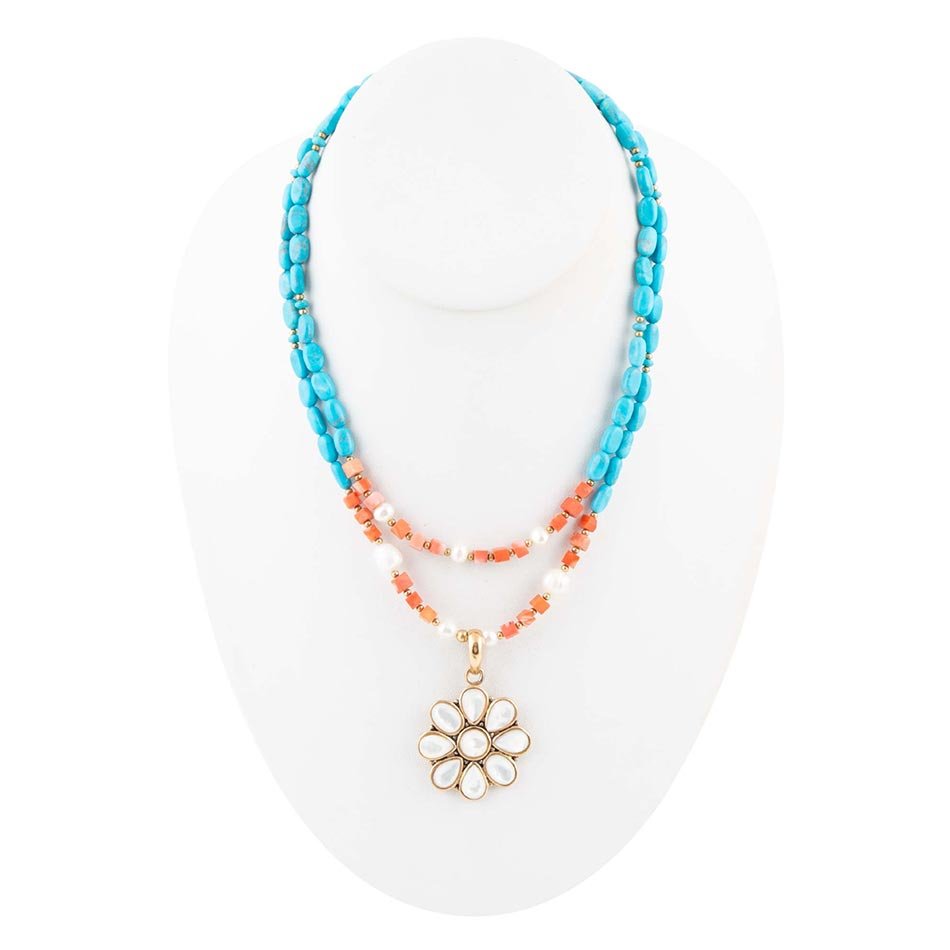 Blue and White Hibiscus Mother of Pearl Pendant and Necklace - Barse Jewelry
