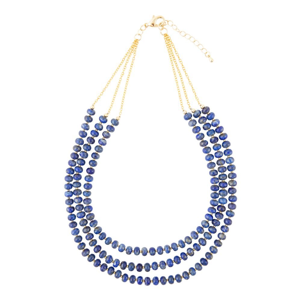 Blue Lapis Triple Strand Golden Necklace - Barse Jewelry