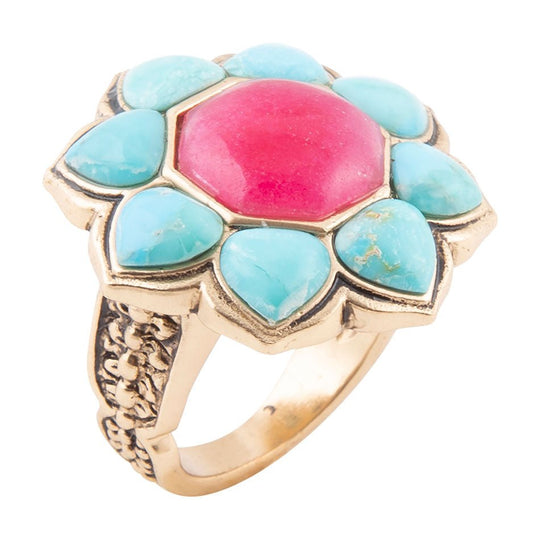 Blue Turquoise and Red Quartz Flower Golden Ring