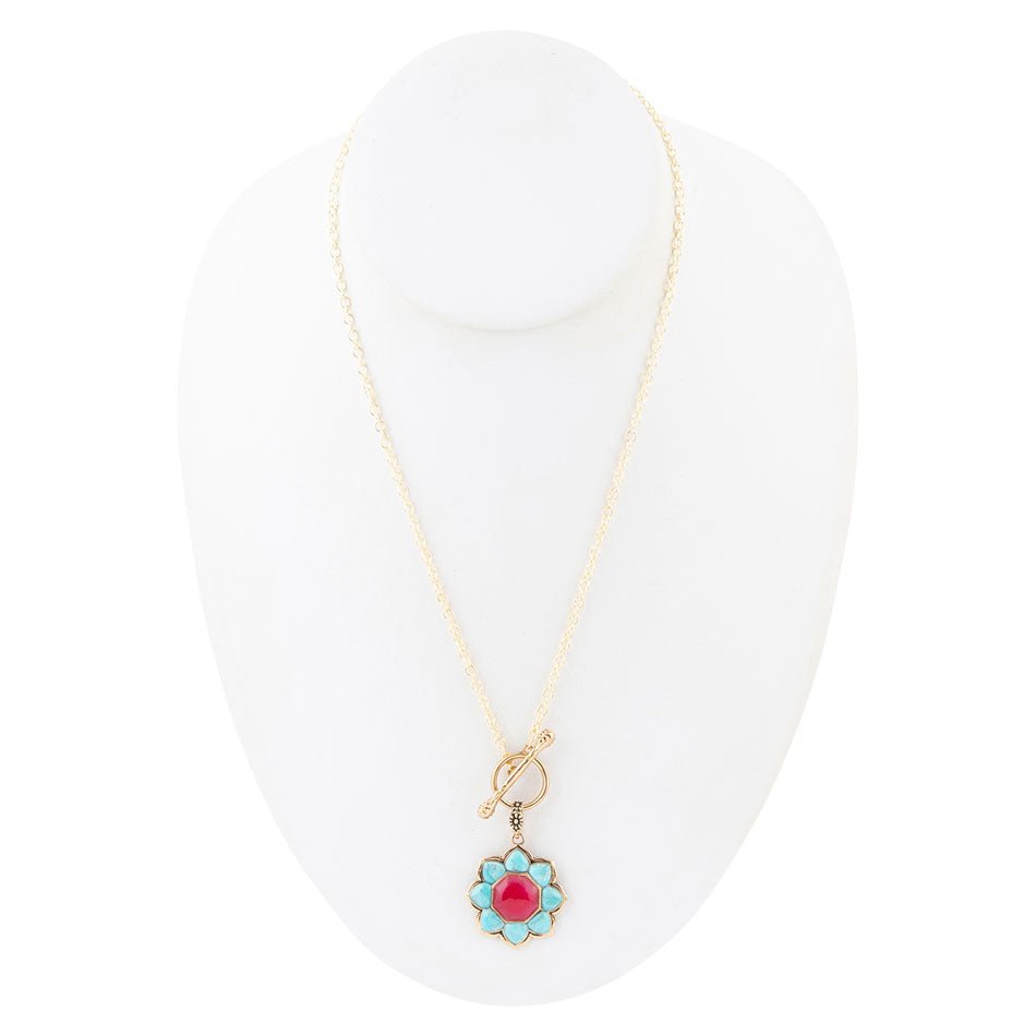 Blue Turquoise and Red Quartz Golden Chain Necklace - Barse Jewelry