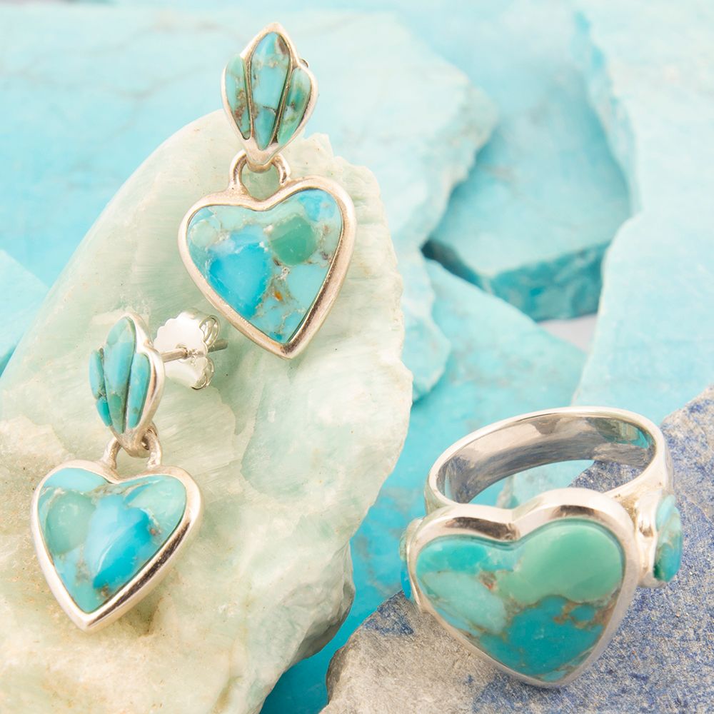 Blue Turquoise Heart Silver Drop Post Earrings