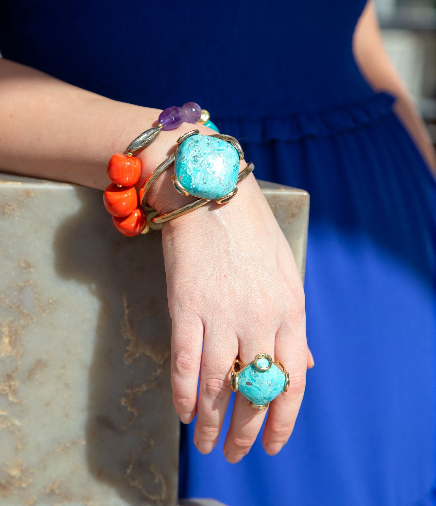 Blue Turquoise Rhombus Statement Cuff Bracelet - Barse Jewelry