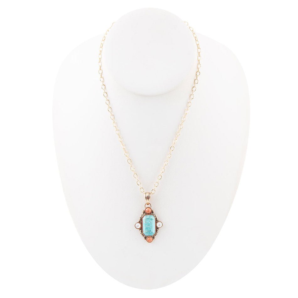 Champs Blue Turquoise and Orange Coral Golden Pendant Necklace - Barse Jewelry