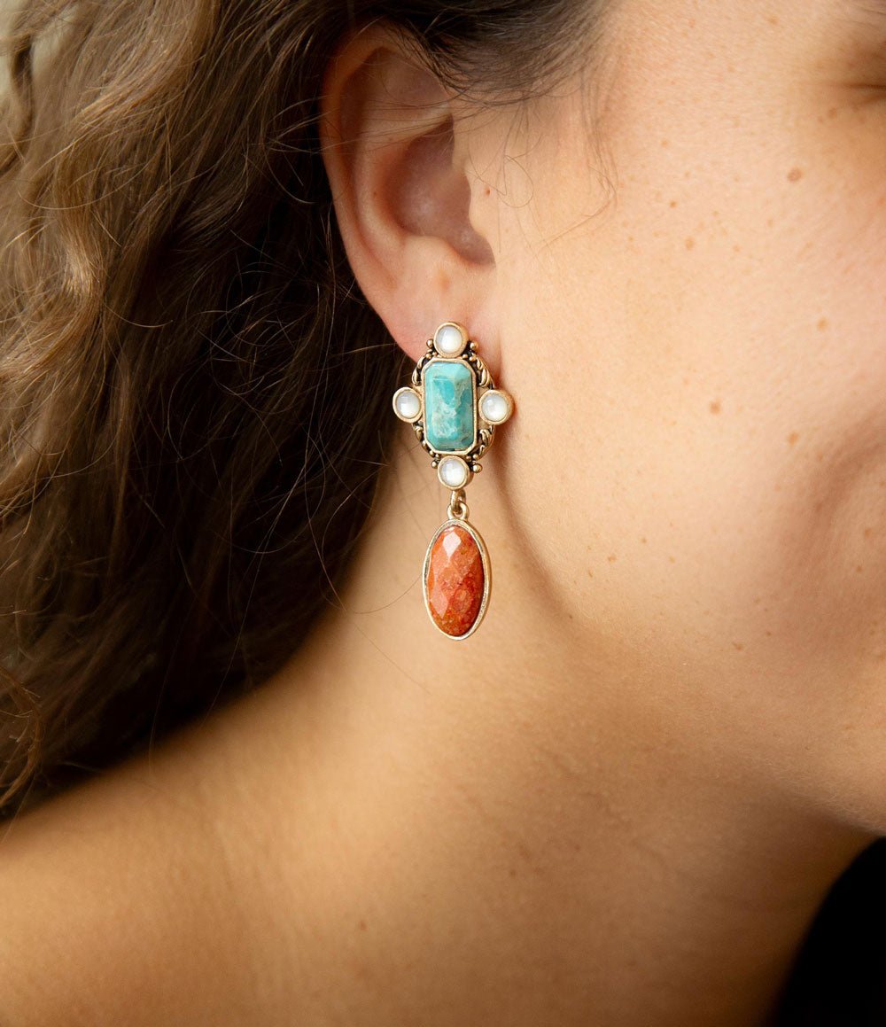 Champs Blue Turquoise and Orange Coral Post Drop Golden Earrings - Barse Jewelry