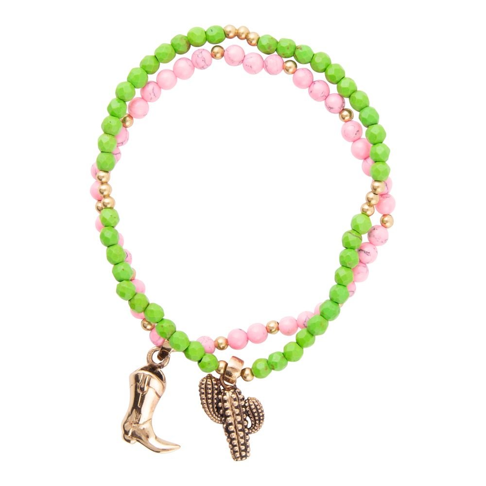 Charmed Cactus and Boot Pink Green Jade Bracelet Set - Barse Jewelry